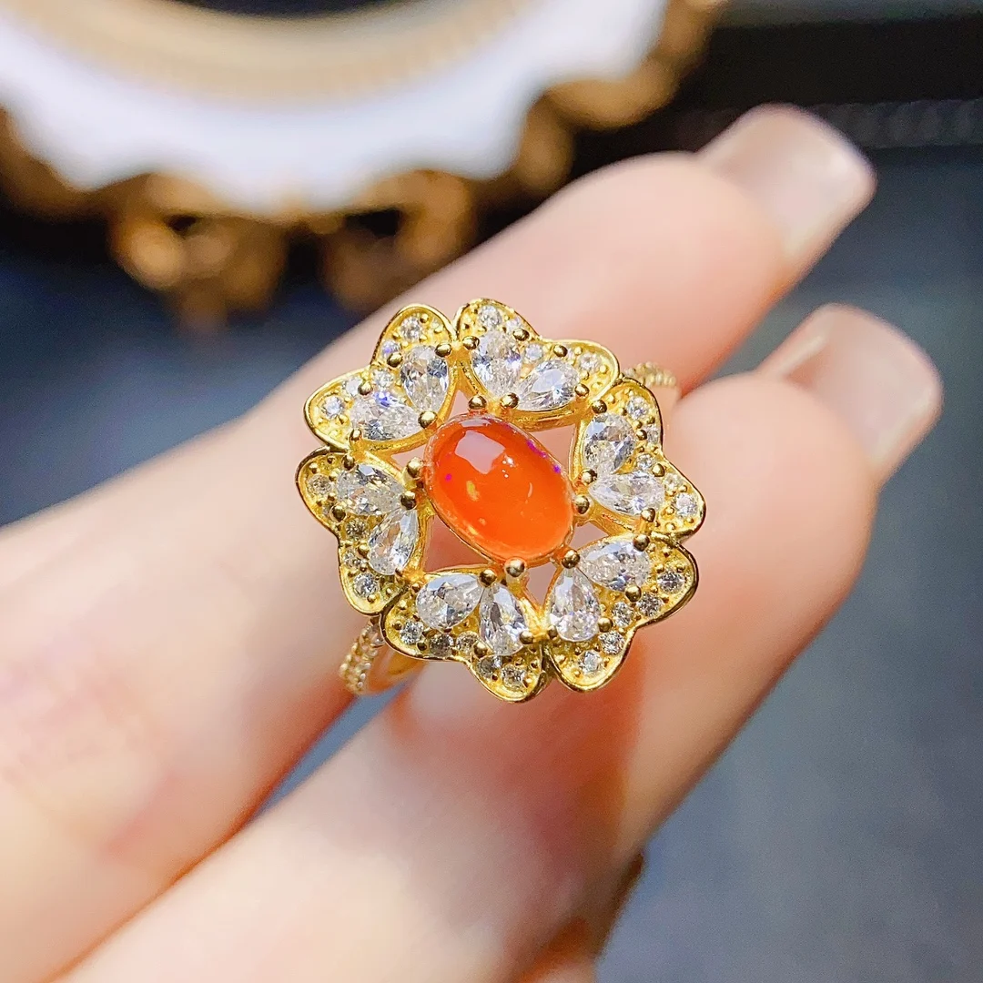 FS S925 Sterling Silver 5*7 Natural Fire Opal Flower Ring With Certificate Fine Charm Fashion Wedding Jewelry for Women MeiBaPJ