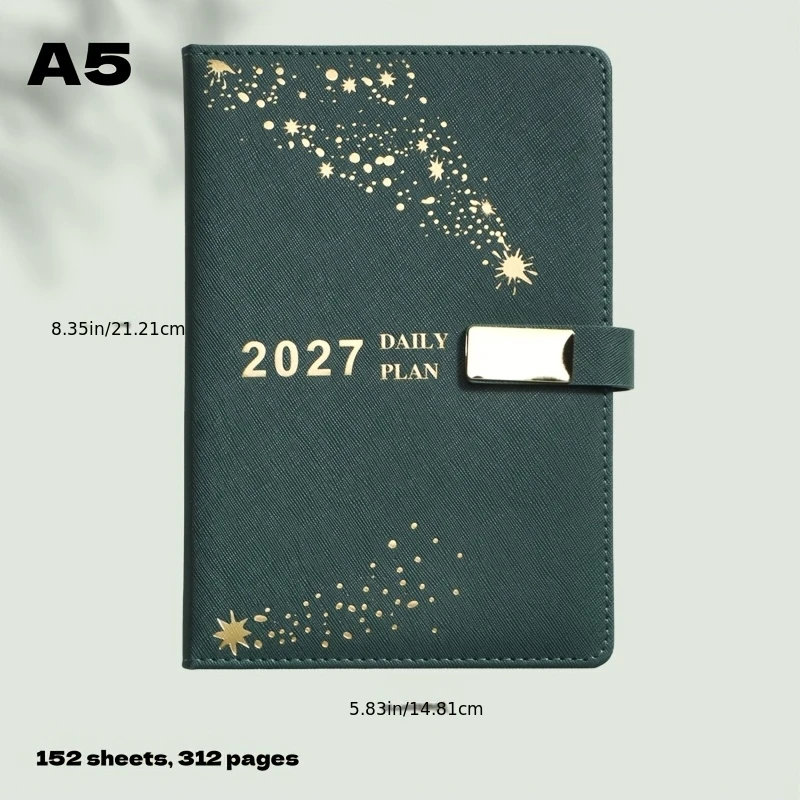 2027 A5 PU Leather Daily Planner Hardcover with Magnetic Buckle 365 Days Agenda Notebook English/Spanish Version Festival Gift