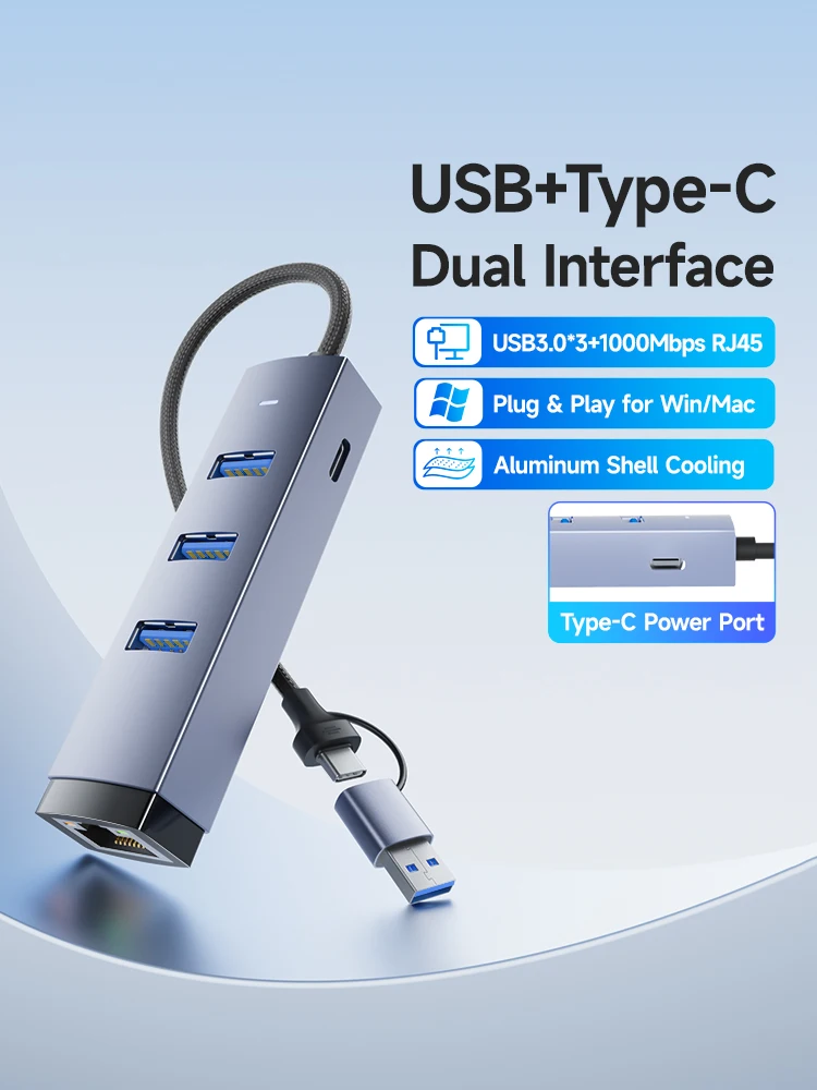 FDBRO 1000Mbps USB/USB-C Adapter Ethernet LAN 3-portowy Hub USB3.0 Stacja Dokująca Hub USB3.0 do Karty Sieciowej Gigabit RJ45 dla PC — zdjęcie produktu 7