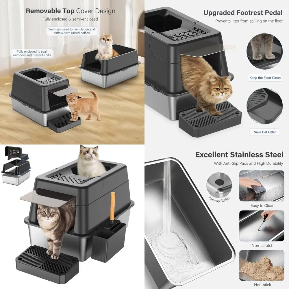 

Очень большой закрытый ящик для кошачьего туалета из нержавеющей стали с откидной крышкой, высокими сторонами, педалью и совок (черный)