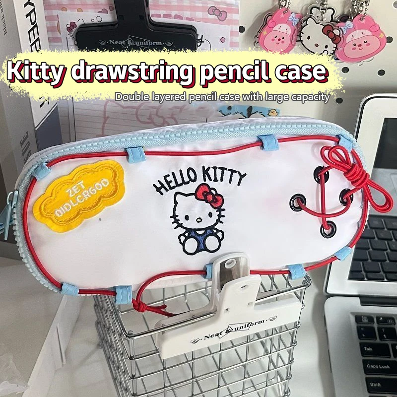 Śliczny sznurek Hello Kitty haftowany piórnik kosmetyczka o dużej pojemności etui na długopis pudełko do przechowywania artykułów piśmienniczych przybory szkolne