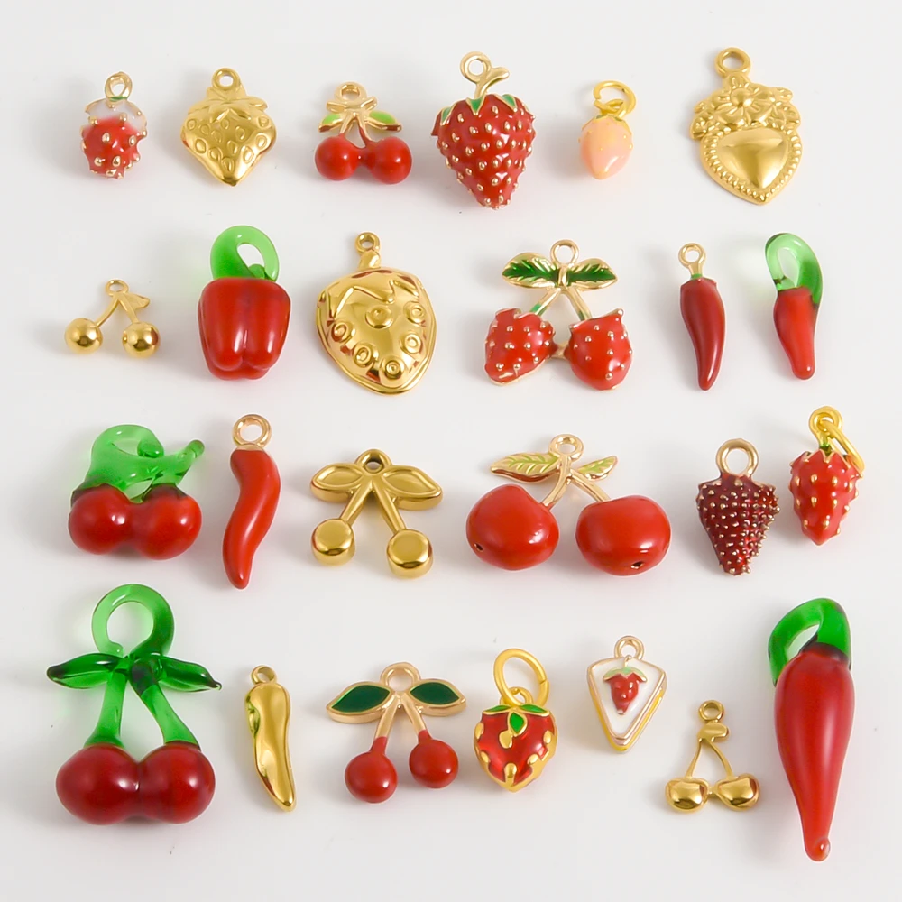 10pcs Fashion New 3D Cherry/Strawberry/Chili Charm Pendant Jewelry Making Crafts Diy Bracelet Necklace Fruit Pendant Accessories