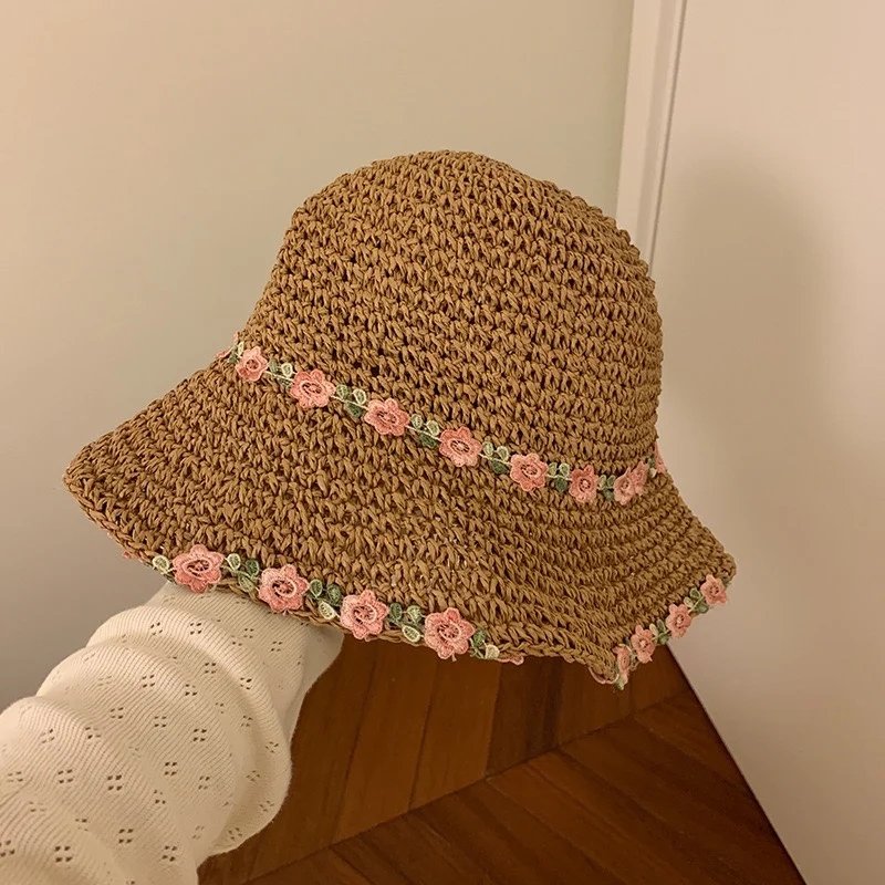 

Hand-woven Flower Paper Straw Sun Cap Women Cute Floppy Foldable Travel Summer Cap Women Sun Protection Sombrero Hombre Chapeu