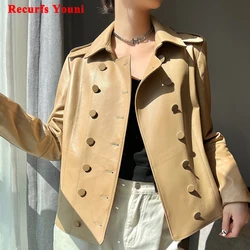 Genuine Leather Jacket Women 2023 Winter Retro Hong Kong Style Double-Breasted Loose Solid Color Short Coat Jaqueta Feminina