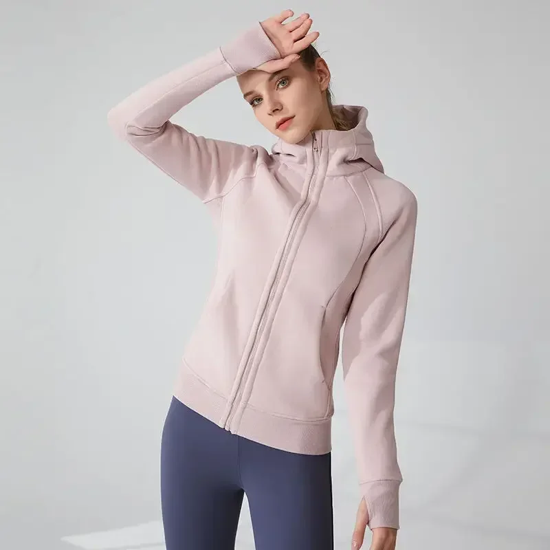 Winter New Plush Thicken Running Jacket Women Warm Tight Fitness Yoga Coat Zipper Hooded Design Sense Gym Workout Clothes