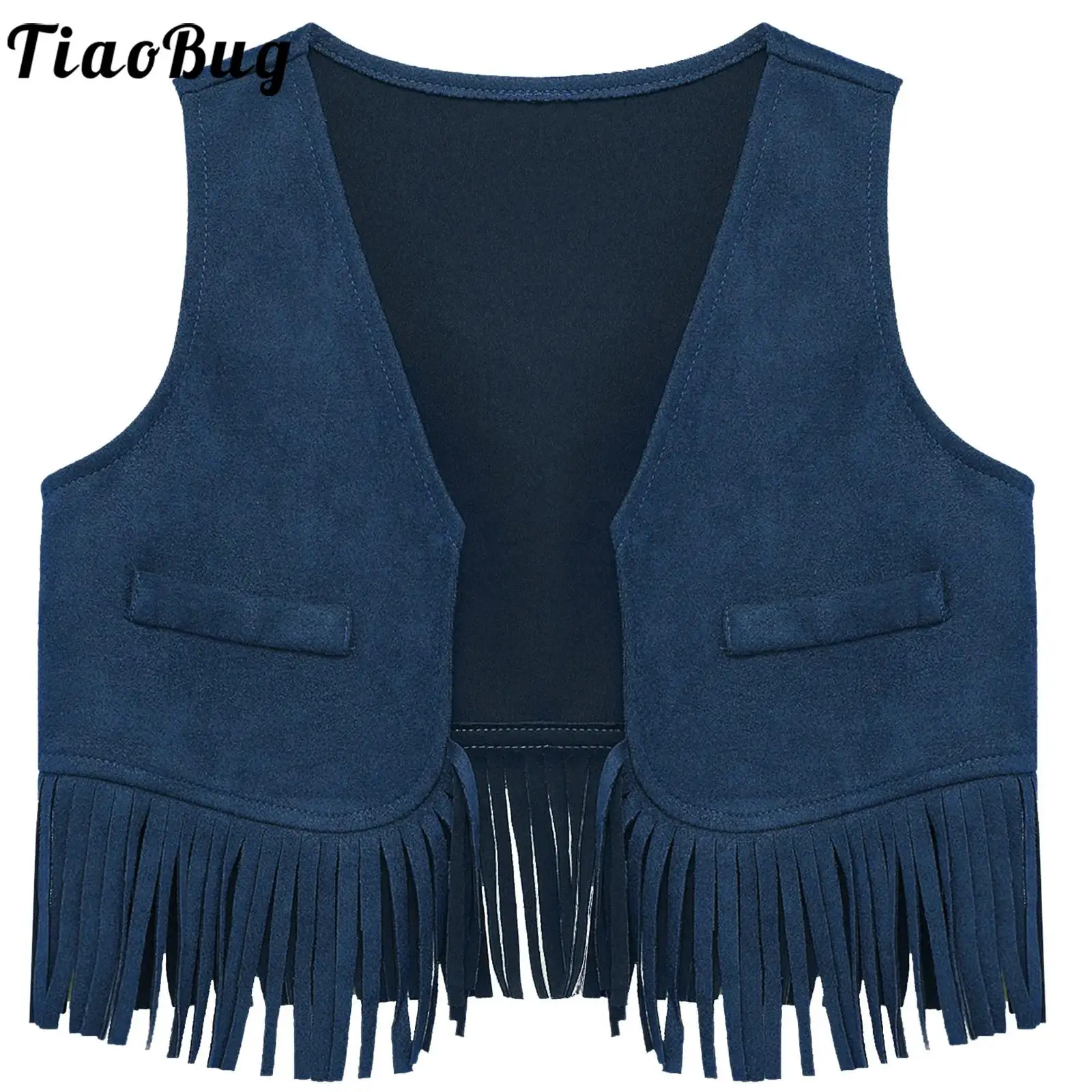 Kids Baby Unisex Western Cowboy Cowgirl Dance Performance Vest Suede Tassels Solid Color Vest Child Halloween Cosplay Costume