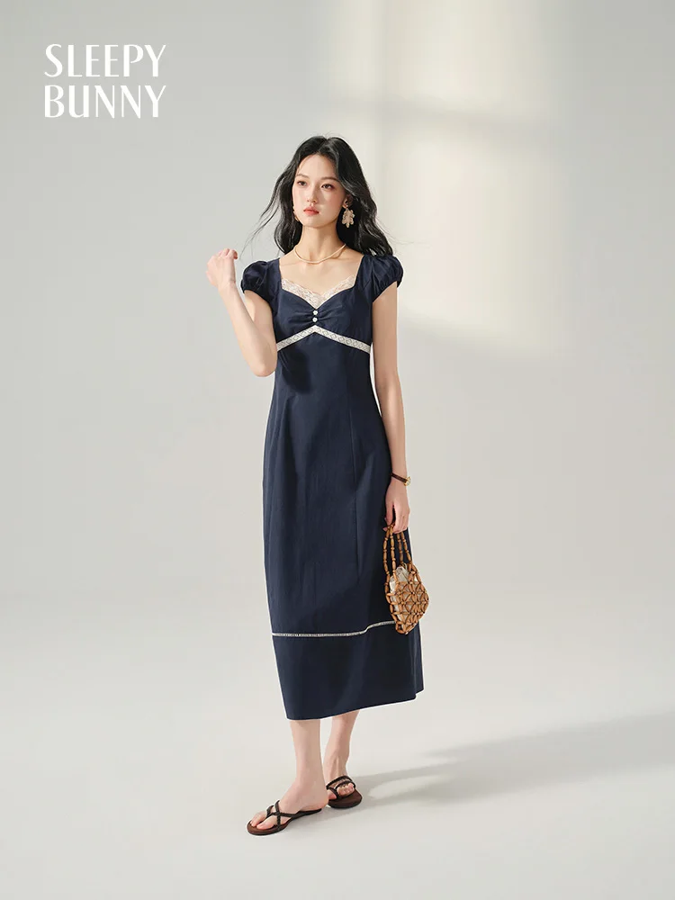 Lace Trimmed Sweetheart Neckline Dress for Women French Style Short Sleeve Tea Dress Elegant Retro Summer Long Dress Casual Look