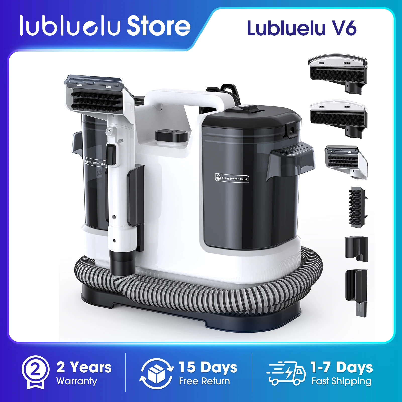 Erős szőnyegtisztító 15kPa Lubluelu V6 1,75 literes dupla tartállyal, 5 m-es kábellel, 1,7 m-es tömlővel - mélytisztítás kanapé matrac autóülés kisállatfoltok ellen