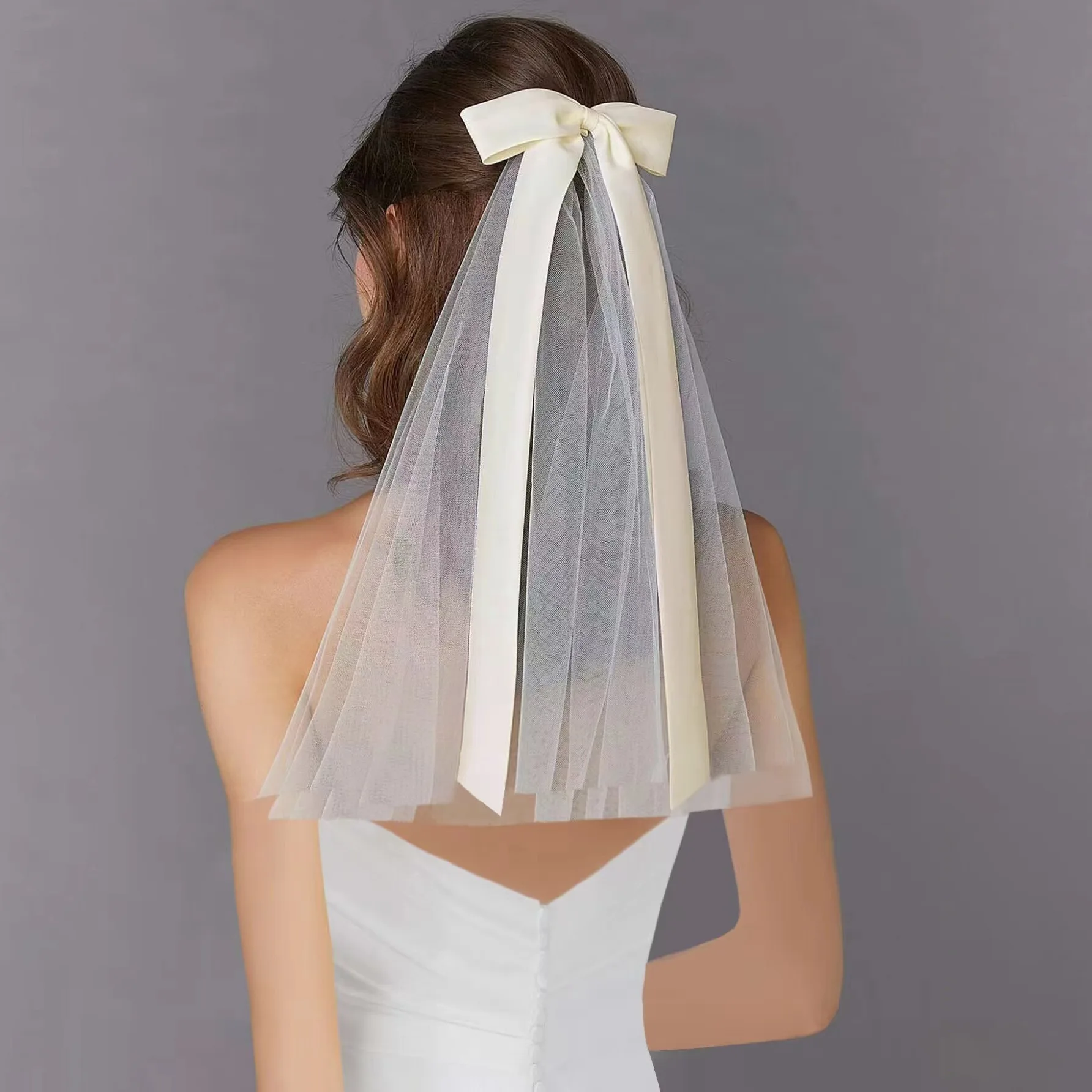 Bridal  Veil White Bow Tulle Hair Clip for Women and Girl