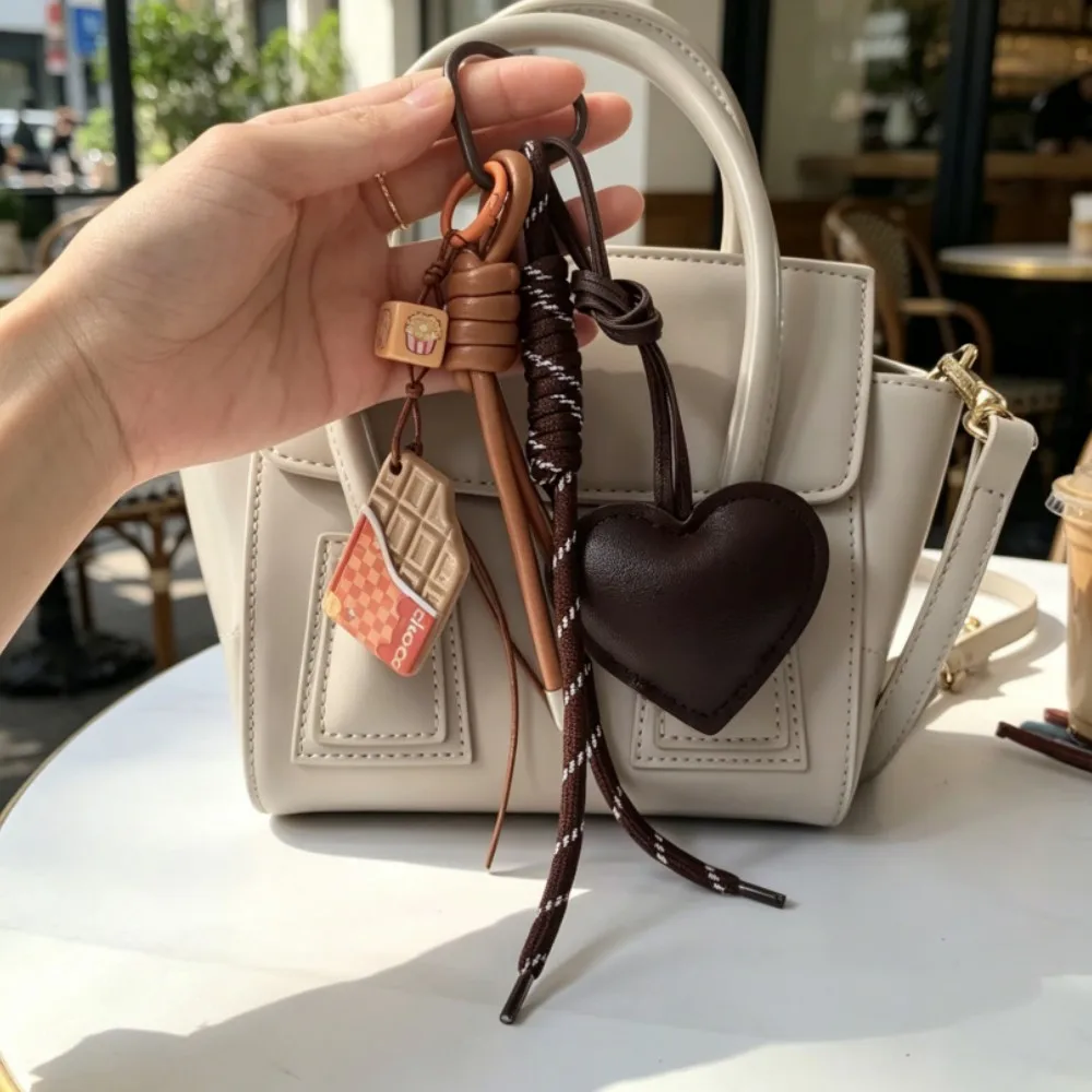 Heart Leather Bag Charm Keychain, Braided Cord & Acrylic Chocolate Pendant, Cute Food Themed Accessory for Women