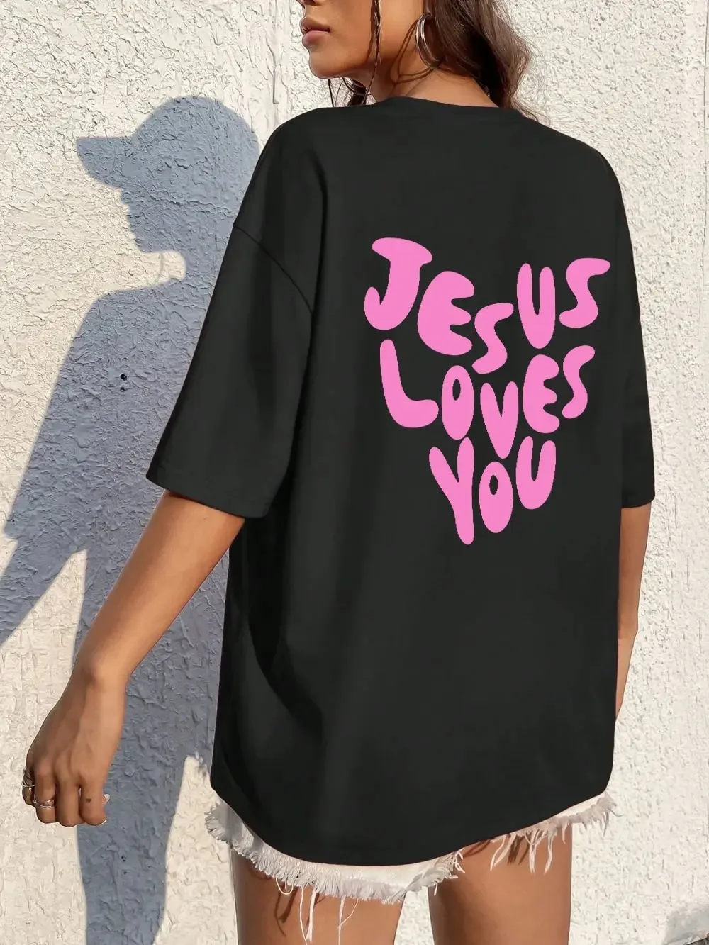 

Jesus Loves Me Letter Prints Female Cotton T-Shirts Fashion O-Neck Oversize Tops Casual Loose Soft Short Sleeve Women Clothing