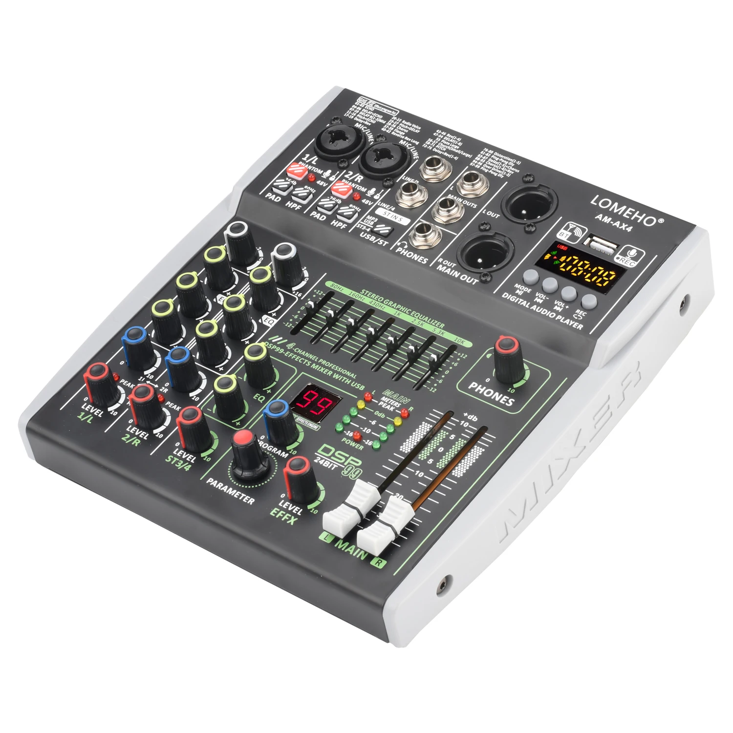 LOMEHO Console di missaggio con ingresso a 4/6 canali 48V 99 Effetto DSP Mixer audio Bluetooth DJ USB Riproduzione PC Registra tavolo audio Podcast AM-AX4