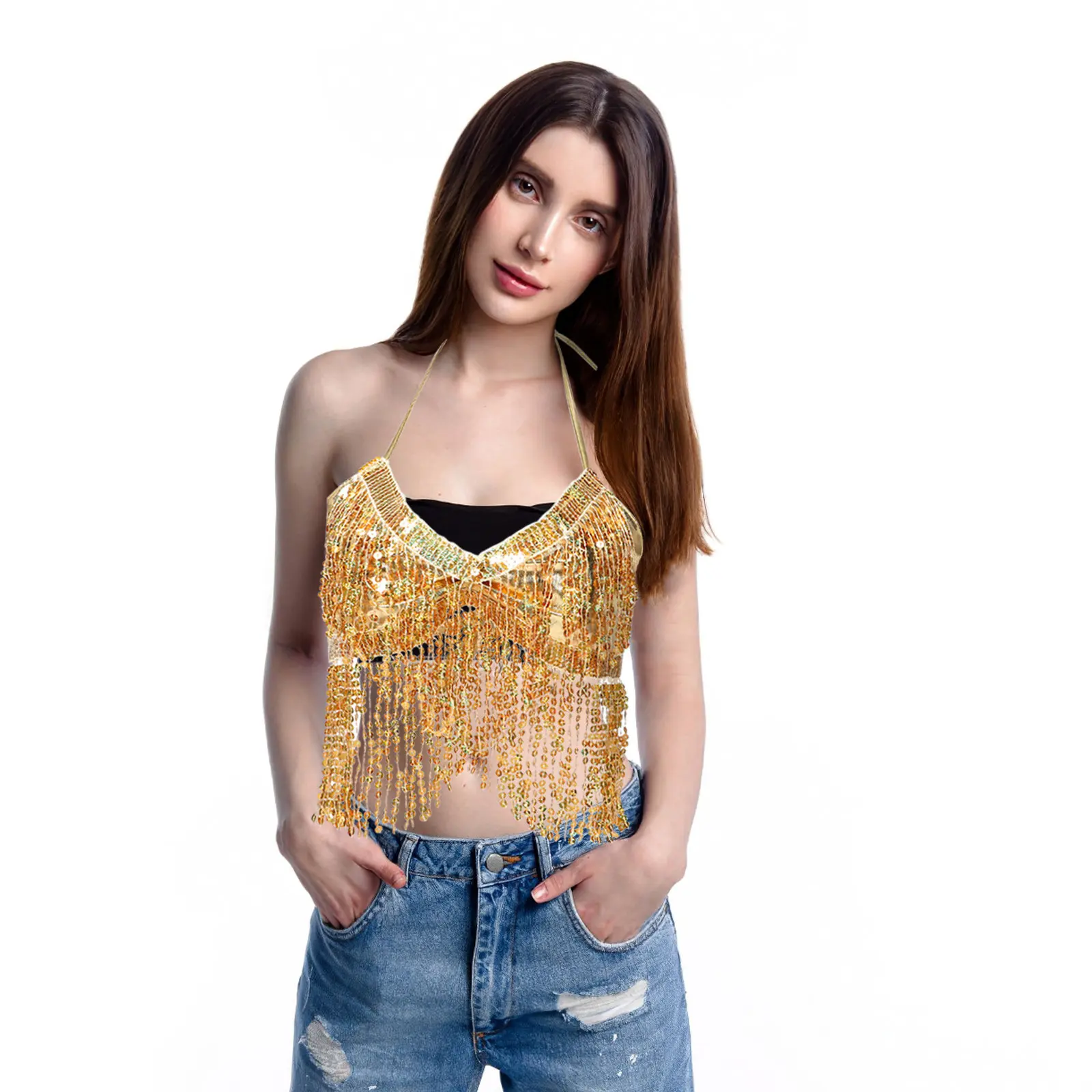 

Блестящий топ-бра с пайетками и бахромой, укороченный, на бретелях, для танцев, Хэллоуина, выступлений, вечеринок, фестивалей, клубов, юбка