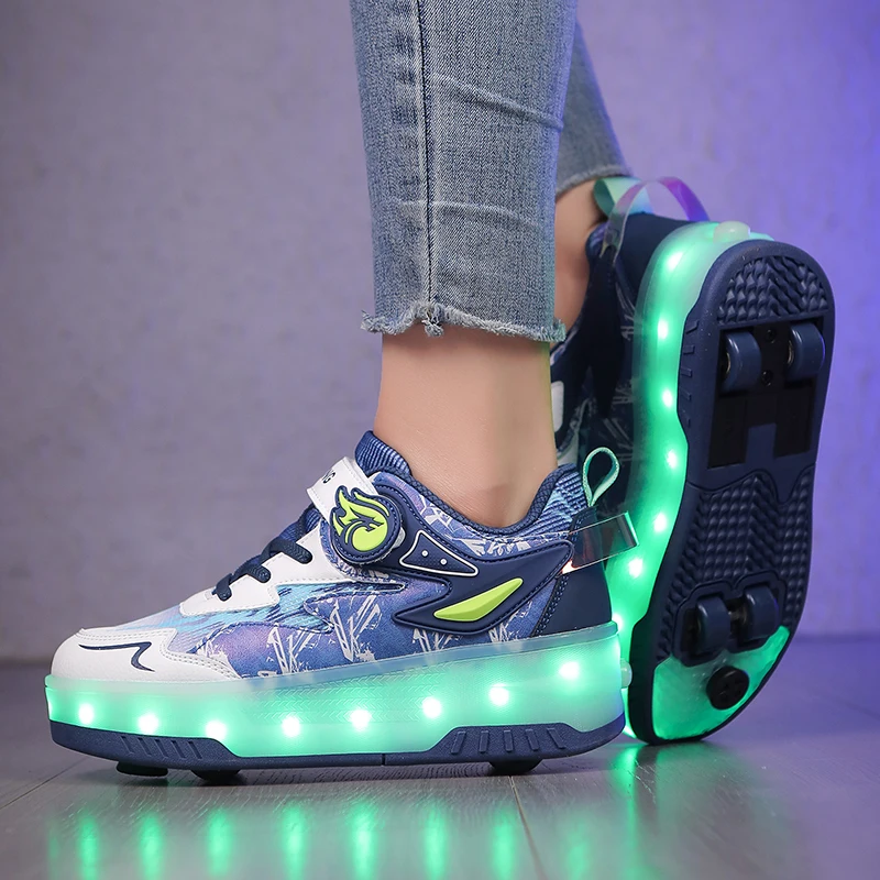 Sport Casual Wheely Skating Sneakers Boys and Girls Roller Skates Four Wheels Shoes Glowing Light LED Children Fashion Luminous