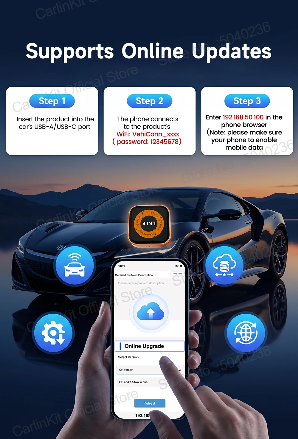Mini Ultra 6 4-in-1 Wireless-Adapter, kabelloses Bildschirm-Spiegelungsgerät, Android Auto CarPlay-Adapter für kabelgebundene CarPlay-Fahrzeuge, einfache Verbindung. – Detail 12