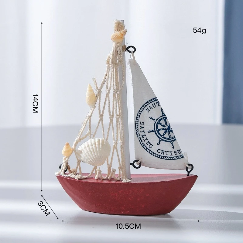 Mediterranean Style Blue White Shell Boat Decoration Wooden Sailboat Model Ornament, Creative Handmade Ship Craft for Home Decor