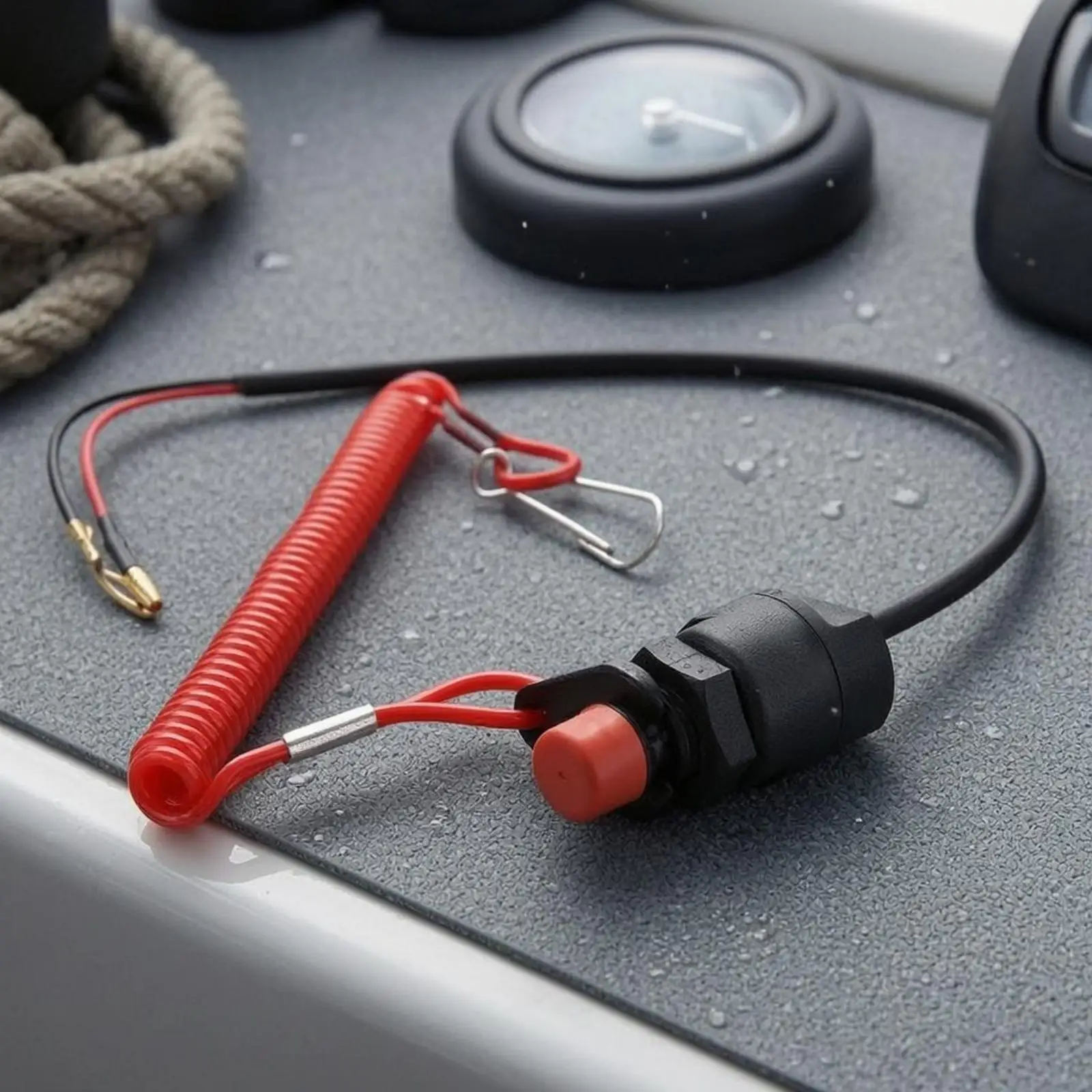 Outboard Motor Safety Switch with Red Lanyard Pull Stop Button for Boat Engine Shutdown Circuit Tether
