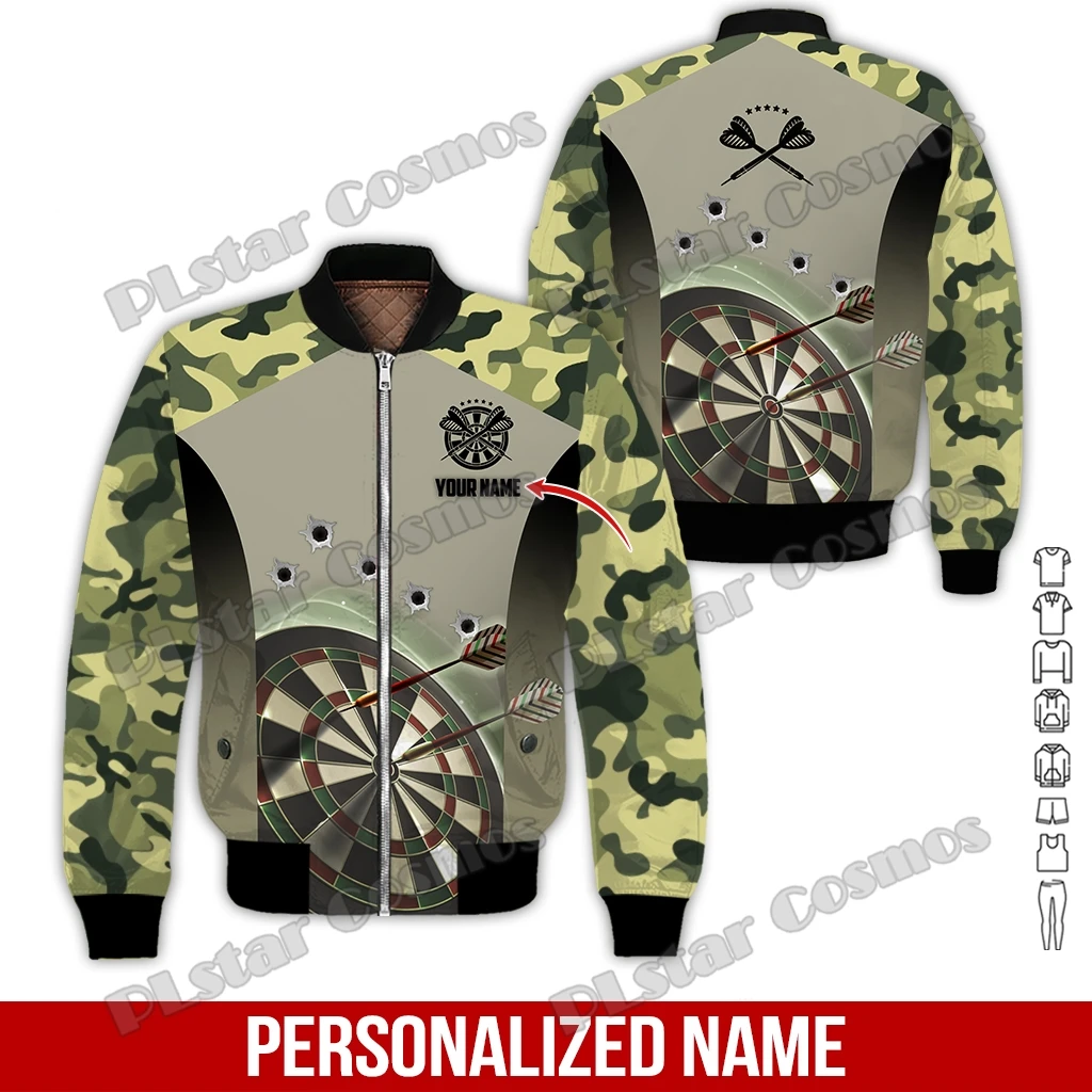 Chaqueta Bomber con nombre personalizado para hombre y mujer, abrigo grueso con estampado 3D de jugador de dardos, con cremallera, informal, cálido,