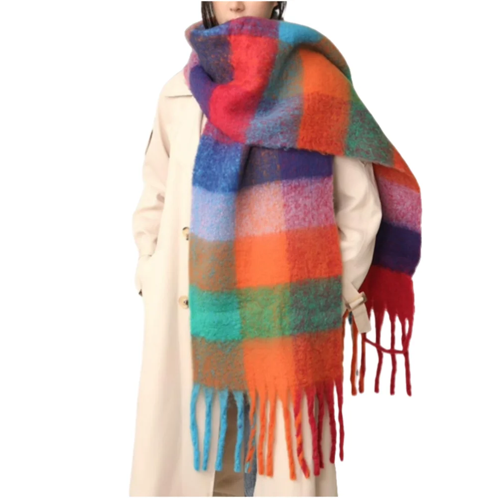 

Winter Warm Rainbow Plaid Scarf Women Street Tassel Soft Long Scarf Shawl foulards femme Europe America Patchwork Trendy Scarves