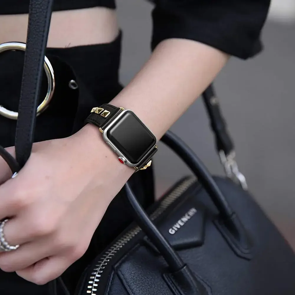 Leather Strap For Apple Watch 45mm 41mm 44mm 42mm 46mm Metal Nail Women Bracelet Wristband iWatch Series 10 9 8 7 6 5 4 SE Band