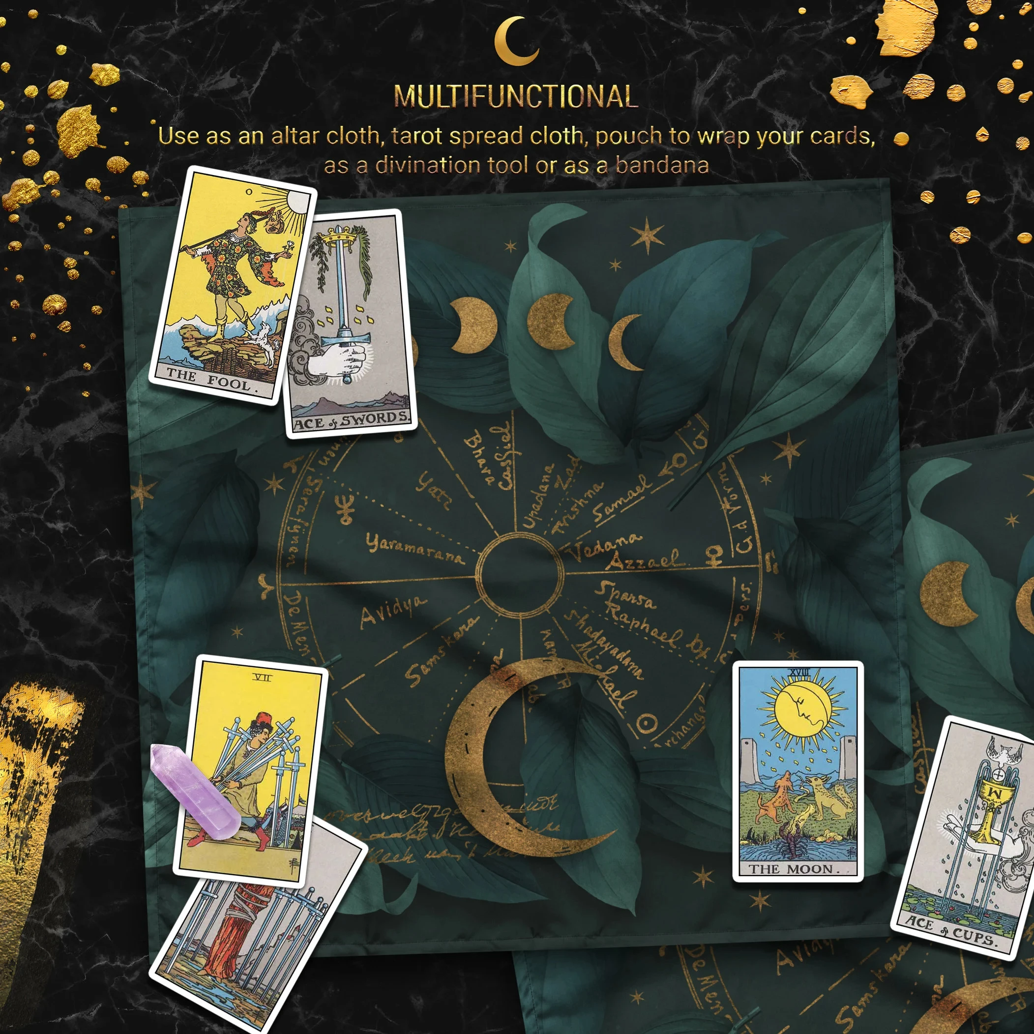 50/75/110/137cm Mystical Moon Phase Astrology Altar Tablecloth Green Leaf Witchcraft Tarot Mat Spiritual Pagan Decor Tarot Mat