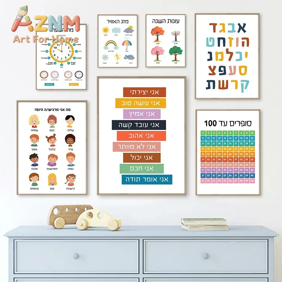 Hebrew Letters Alphabet Jewish Number Day Time Wall Art Canvas Painting Nordic Posters And Prints Wall Pictures Kids Room Dec