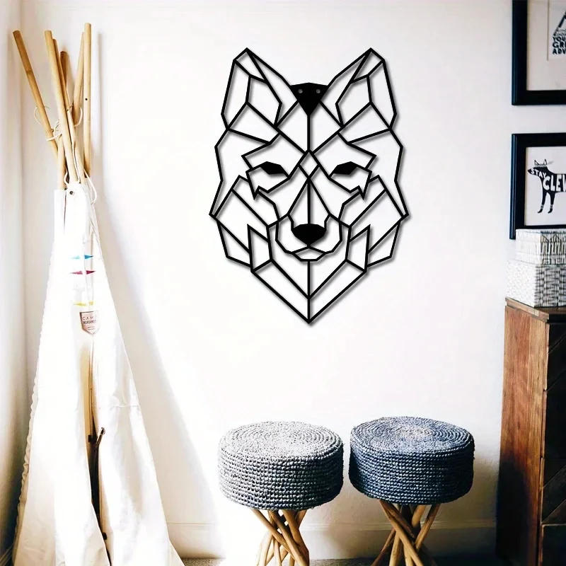 Metall-Wanddekoration mit geometrischem Wolfskopf für Wohnzimmer und Büro, Eisenkunst-Geschenk, Silhouetten-Wanddekoration