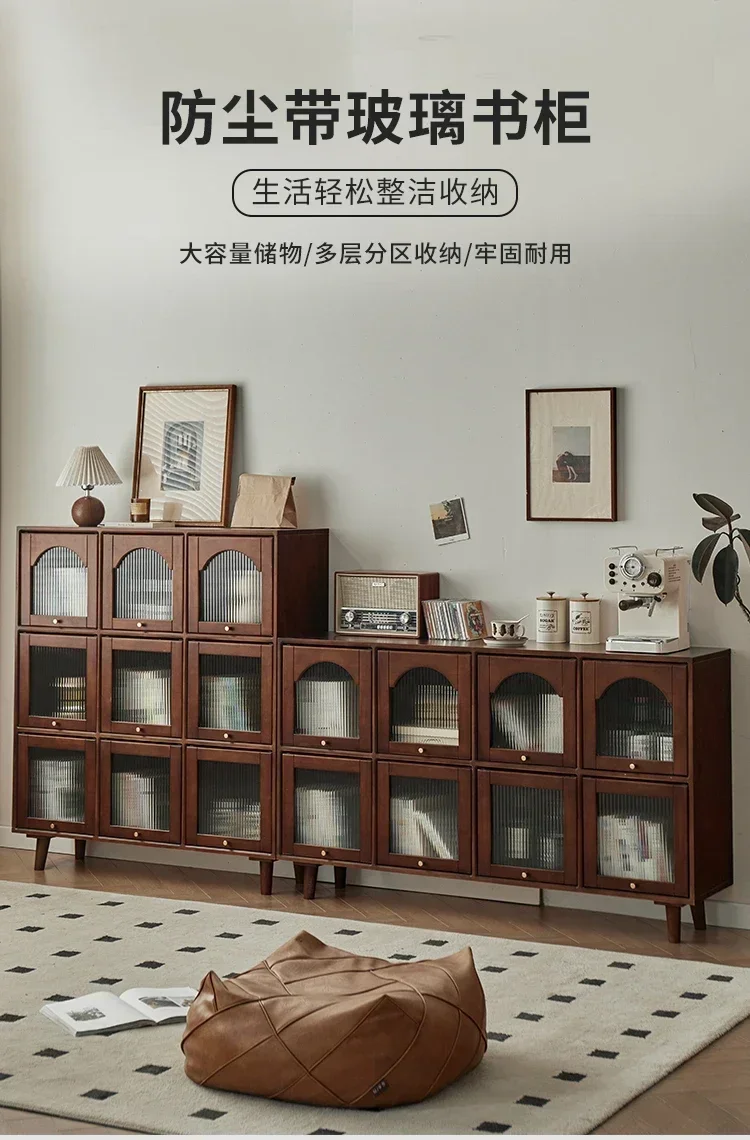 Solid Wood Display Cabinet Bookcase with Glass Door Dust-Proof Arch Storage Cabinet Living Room Retro Locker