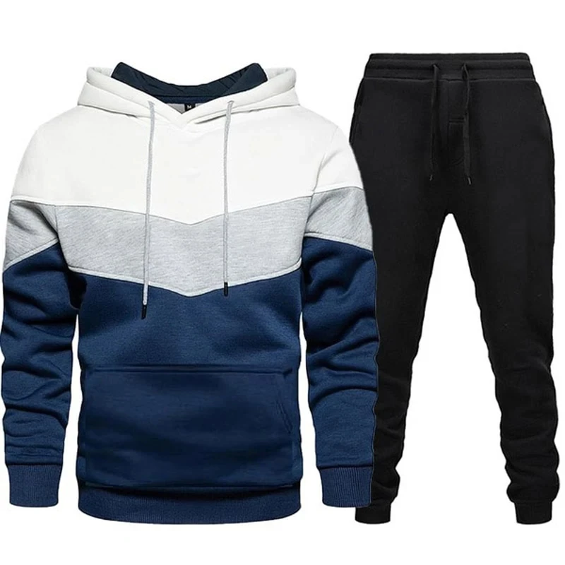 Autumn and winter sports hoodie set men\'s 3 color block hoodie, sportswear set hoodie and pants