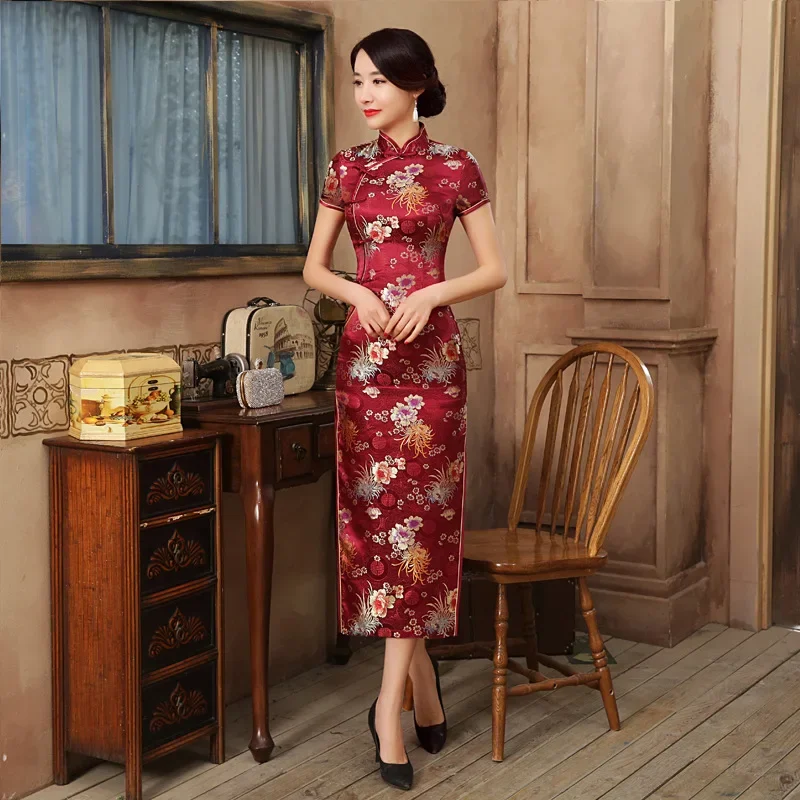 Chinese National Long Cheongsam Vintage Slim Floral Female Handmade Button Women Dress Qipao