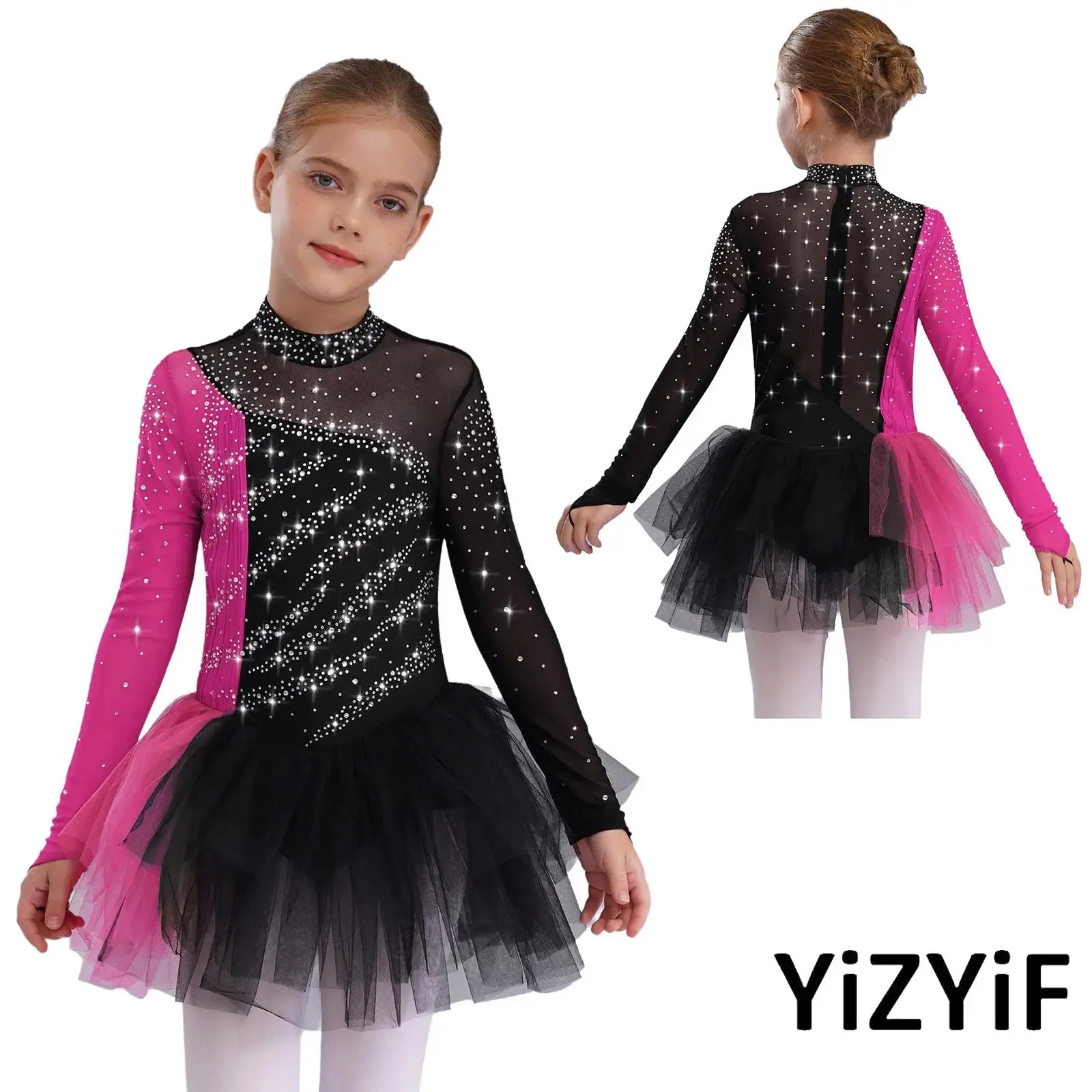 

Girls Deluxe Skating Costume Crystals Articulated Seam Design Long Sleeve Lyric Gymnastics Ballet Dress for Class Dance Training