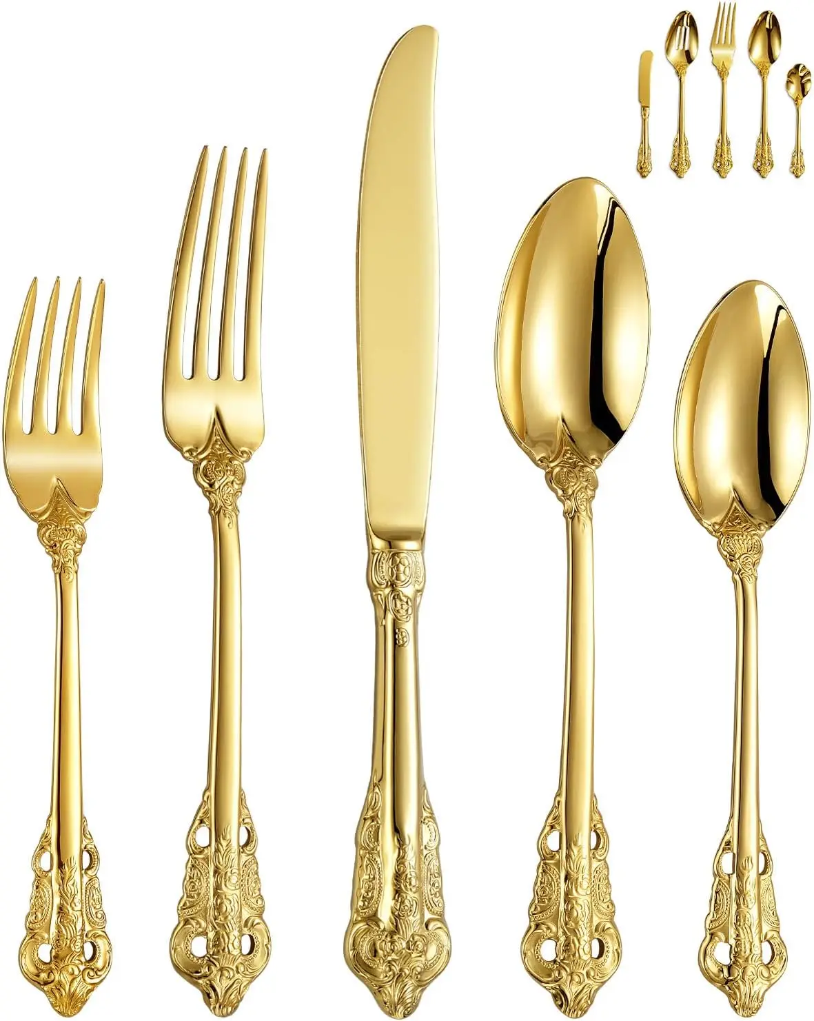 Gorgeous 65 Piece Gold Flatware Sets Heavy Tableware Antique Gold Flatware Set 8/10 Stainless Steel Service for 12 Antique