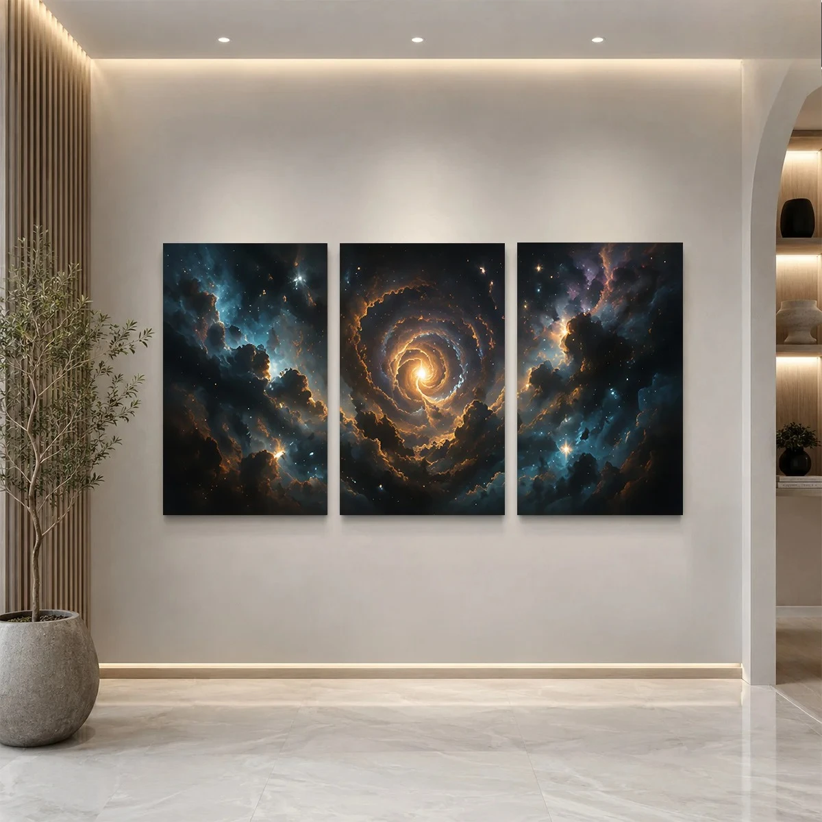2D Flat 3PCS - Three panels of cosmic art with swirling clouds and stars Themed Canvas Wall Art, Waterproof Prints Ready to H