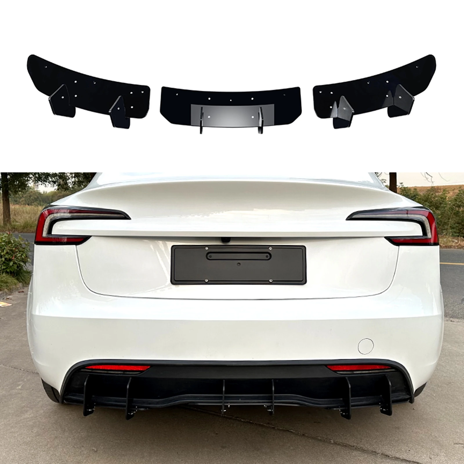 For Tesla Model 3 2023-2024 Glossy Black Rear Bumper Diffuser Lip Trim Boot Lower Bracket Plate Decorative Spoiler Splitter Kit