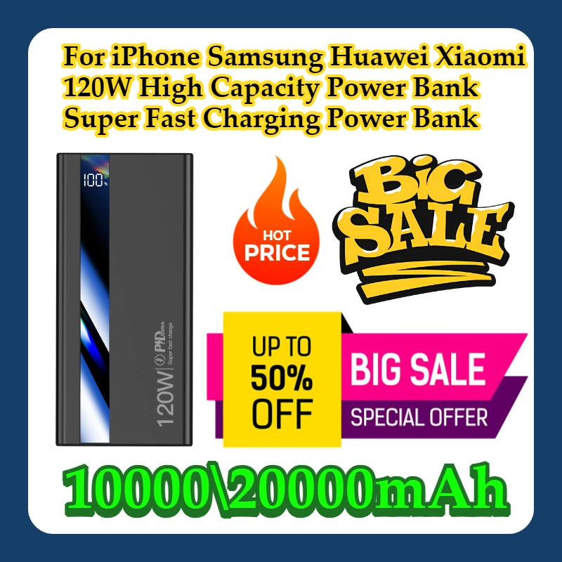

For iPhone Samsung Huawei Xiaomi 120W 20000mAh High Capacity Power Bank Super Fast Charging Power Bank