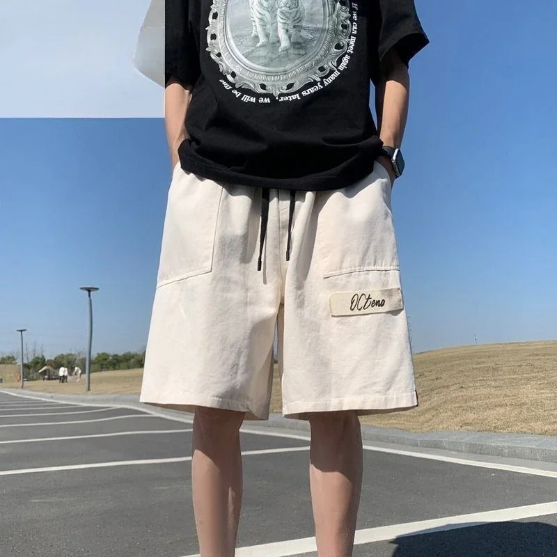 Solto cintura elástica meio sólido largo com bolsos shorts de carga dos homens bermuda calças curtas para homens desenhar corda longo baggy y2k strech