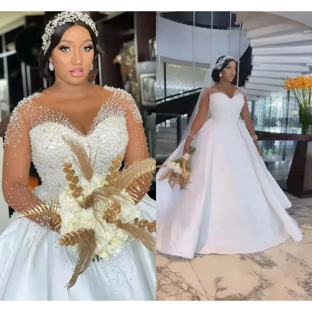 Luxury Customized Satin Wedding Dresses African Sheer O-neck Long Sleeves Beading A-line Brdial Gowns vestido de novia