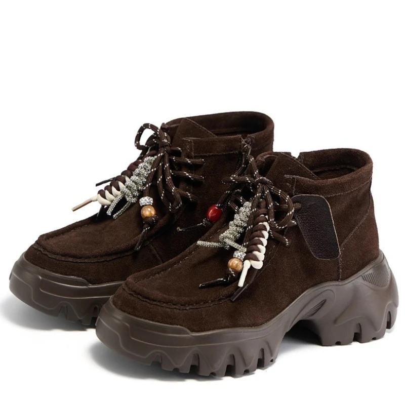 Botas Retro de moda con suela gruesa para mujer, zapatos con aumento de altura, zapatos de canguro versátiles de cuero genuino, zapatos deportivos informales