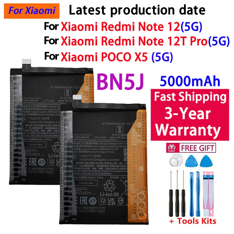 100% NEW Battery 5000mAh BN5J For Xiaomi Redmi Note 12 5G / 12T Pro / POCO X5 5G Mobile Phone Batteries Bateria