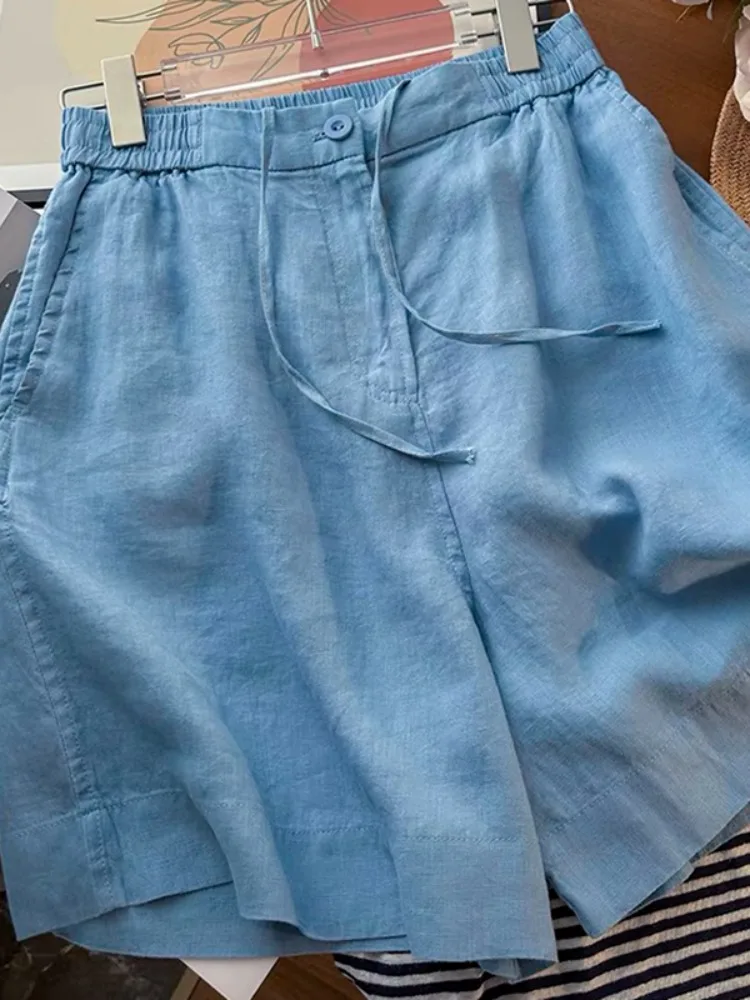 Pantaloni ort di lino di cotone di fascia alta Donna Estate Vita elastica sottile Pantaloni casual a gamba larga a gamba dritta Taglia piccola Lin versatile...