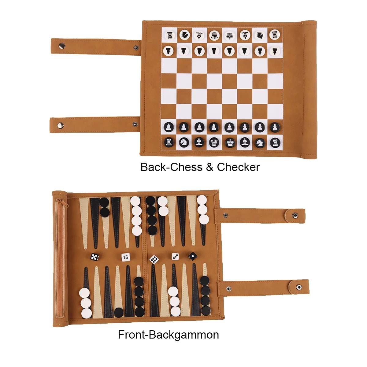 Family Play Chess Games 3-in-1 Roll-Up PU Leather Board Game Set Backgammon Chess Checkers Portable Travel Game with Storage Bag