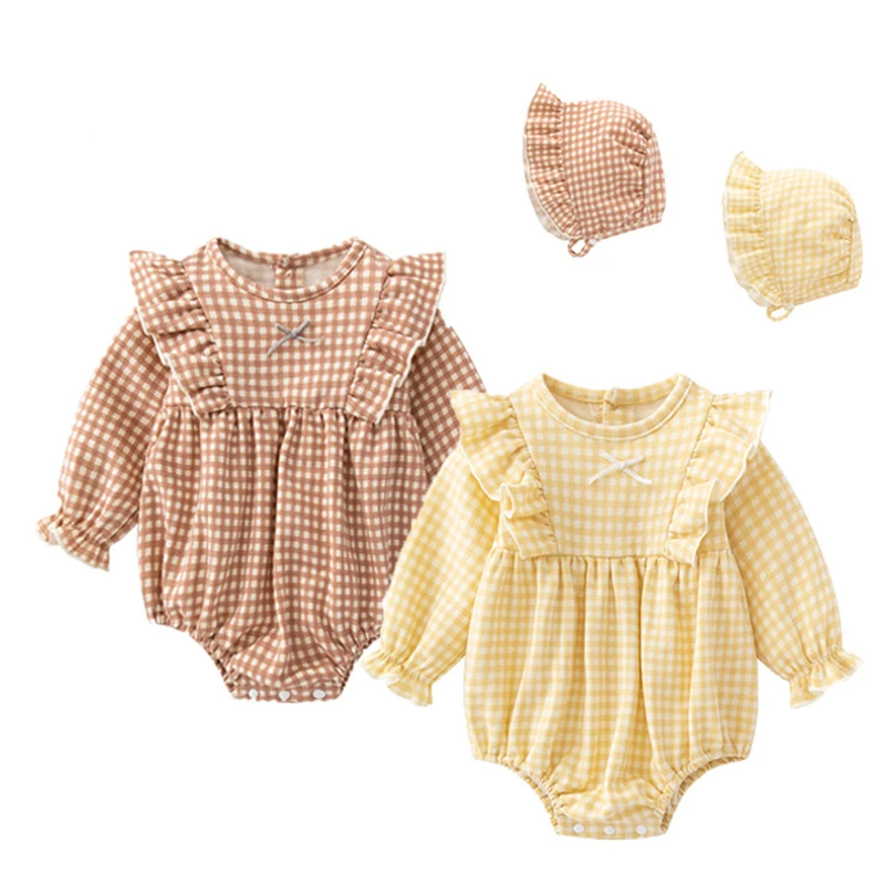 

Autumn Spring 0-12M Newborn Baby Girls Bodysuits+Hat Long Sleeved Cotton Plaid Infant Baby Girls Jumpsuit Children Clothes