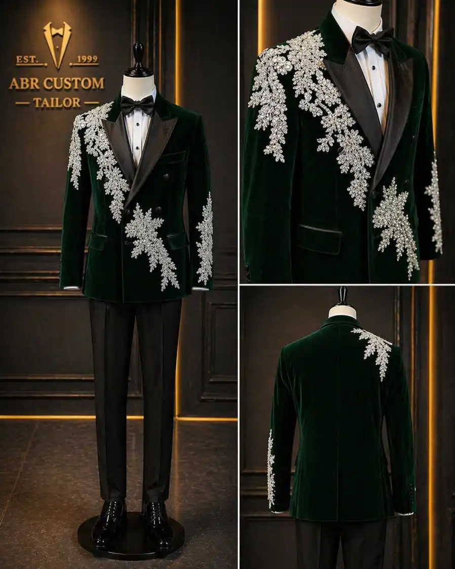 Design Wedding Tuxedos Crystal Velvet 2 Piece Set Jacket Pant Men Suit Gentleman Peaked Lapel Evening Blazer Customized