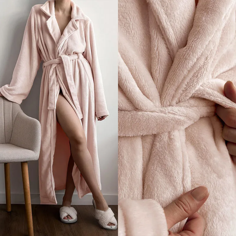 Autumn Winter Warm Thicken Flannel Robe Homewear Solid Color Soft Thick Bathrobe Comfy Kimono Women Gown Casual Loose Sleepwear