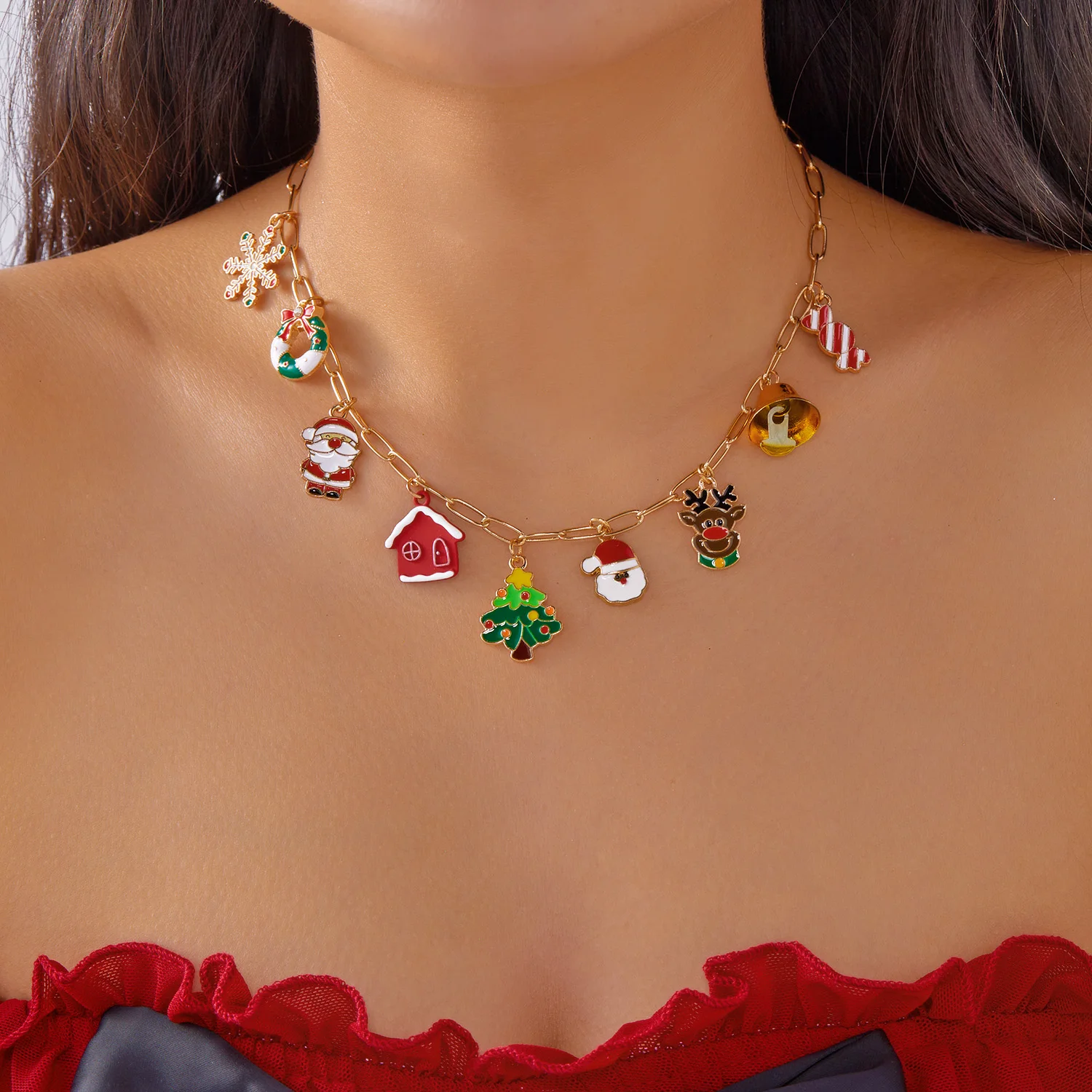 Christmas Multi-element Bell Pendant Necklace for Women Snowflake Santa Claus Elks Snowman Necklace Friendship Jewelry Gifts