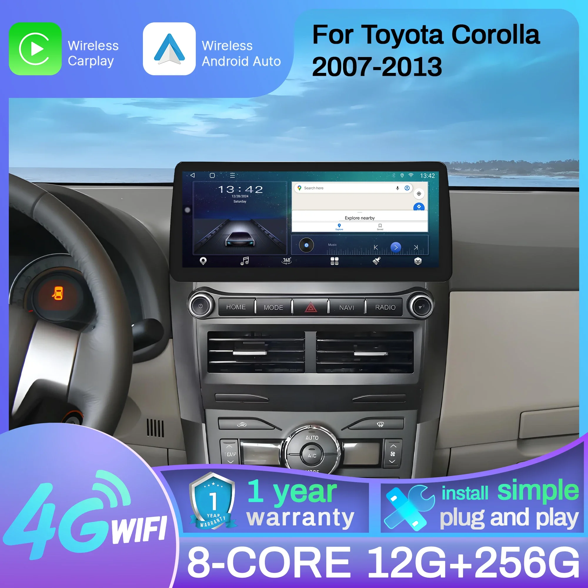 

12.3 inch Android 15 Car Radio For Toyota Corolla 2007-2013 Wireless Bluetooth Carplay Multimedia Head Unit Touch Screen