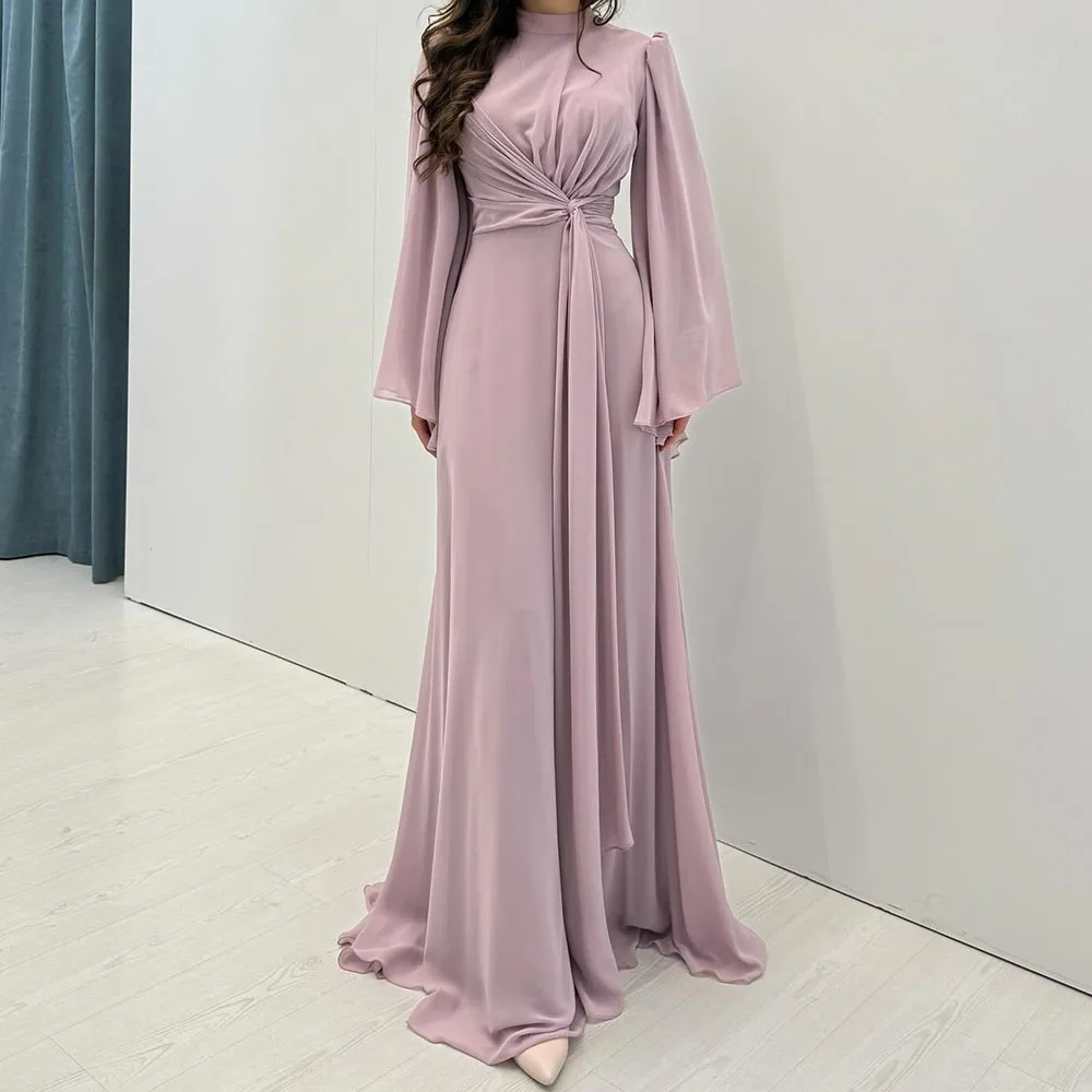 

Вечернее платье трапециевидной формы по индивидуальному заказу, длиной до пола, с высоким воротом и длинными рукавами, платье для выпускного вечера, простое модное драпированное повседневное вечернее платье