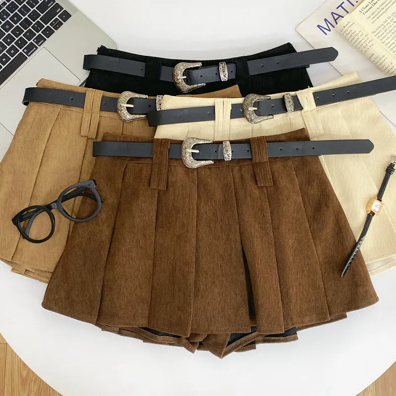 Women Dark Brown A-Line Pleated Skirt Korean Style Y2K Gyaru Vintage Mini Skirt High Waist Corduroy Skirt with Belt Summer 2026