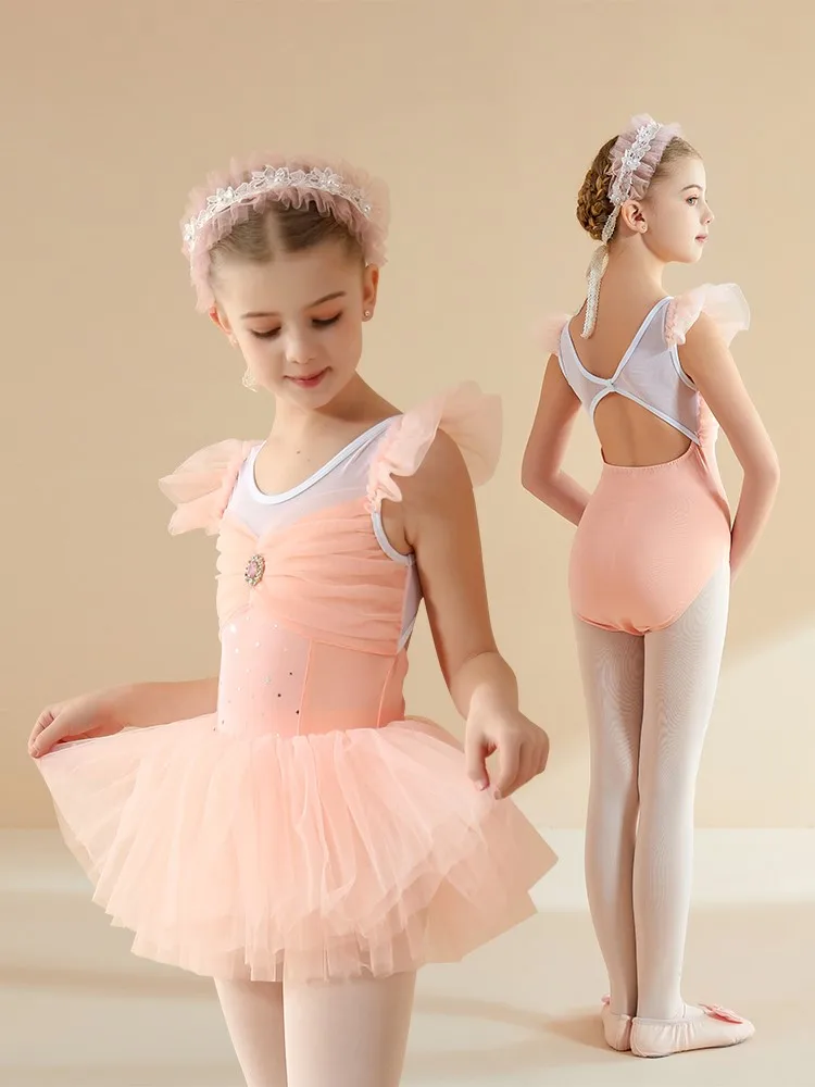 

Children Performance Dance Dress Girl Fluffy Short Sleeve Training Ballet Leotard And Skirt Set 100-180cm Height