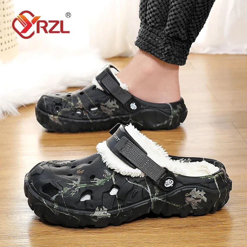 YRZL Herren-Winterhausschuhe für den Innenbereich, bequeme warme Hausschuhe, Sommer, abnehmbare Sandalen, Herren, lässig, rutschfest, Plüschfell-Clogs für Herren